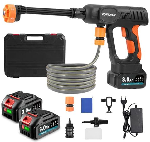 Yofidra Nettoyeur Haute Pression sans Fil, Nettoyeur Haute Pression avec 5-en-1 Multi-Usage Buse, 60Bar, Portable avec 2 3000mAh Batteries