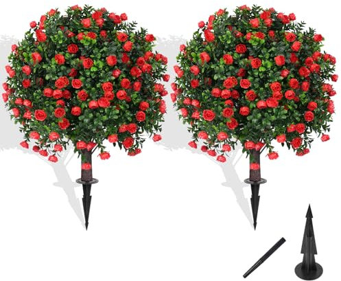 Grooy Artificial Boxwood Topiary Tree with Rose, Set of 2 Artificial Shrub Bushes with Ground Spike, Fake Evergreen Tree for Porch, Artificial Plants for Outdoor Planters Indoor UV Resistant