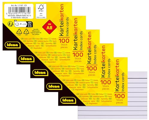Idena 90280 – indexkort DIN A8, 500 stycken linjerade, lärkort av 180 g/m² FSC-blandat papper i vitt, för skola och kontor