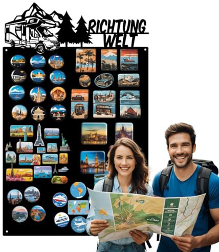 Anwicar Magnettafel - Magnetische Pinnwand mit Camper-Motiv - ideal für Magnete und Notizen - magnetisches Whiteboard - beschreibbare Tafel - inkl. Montageset - 50x80 cm - Schwarz