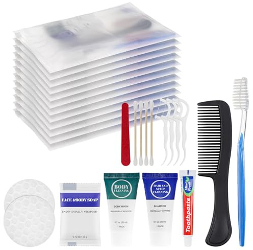 Toiletry Kits Travel Essentials Disposable Hygiene in Bulk, Trial Size Toiletries Supplies Individually Wrapped Traveling Personal Care Items, for Camping, Hotel, Homeless, Charity, 8-in-1 (20-Pack)
