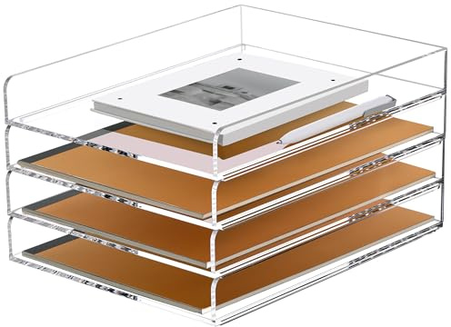 SANRUI Briefablage A4 Transparent (4er Set) - Stapelbare Acryl Dokumentenablage & Schreibtisch Organizer für DIN A4, 5mm Premium Papierablage für Home-Office & Büro - Modernes Ablagesystem