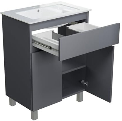 paplinskimoebel - Lavabo ARIZA con mobile largo 60 cm, Lavabo con mobile a 2 ante, Set di mobili da bagno - Grigio opaco