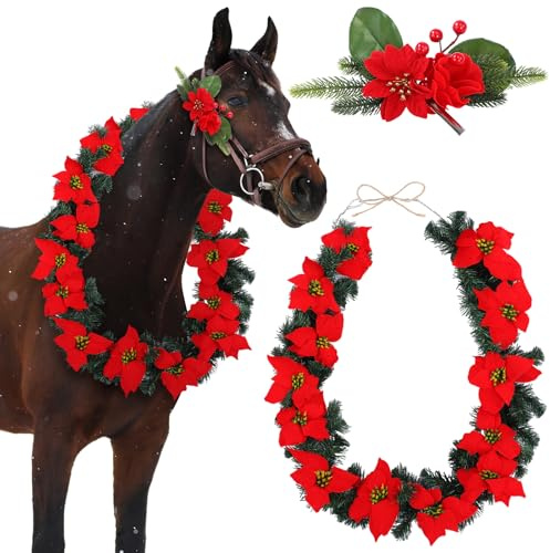 Dansydaisy Weihnachtskranz, Pferdehals-Girlande und Halfter, Zaumzeug, Clip-Set, 180 cm, künstliche Weihnachtsstern-Girlanden, Pferde-Kostüm-Zubehör für Urlaub, Dekoration, Weihnachtsfeier, Paraden