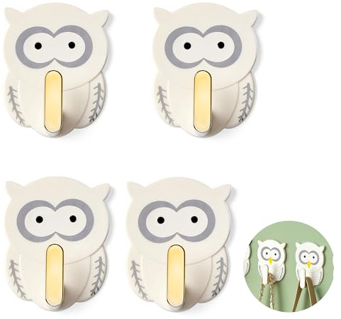 REKUA 4pcs Owl Design Self Adhesive Hooks for Home, Wall Decor Key Holder for Wall, Adhesive Hooks for Keys, Bags, Towels, Stick On Hooks and Versatile Hooks for Hanging in Kitchen or Entryway