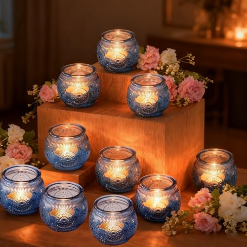 Lot de 12 Photophores en Verre Bleu, Bougeoirs en Verre pour Bougies Chauffe Plat, Bougeoirs Transparents, Décoration De Table pour Centre De Table, Mariage, Décoration D'intérieur (Bleu)