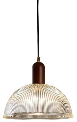 Lámpara colgante de vidrio acanalado con pantalla de cúpula acanalada y detalles de madera, ideal para isla de cocina, comedor, bar, cable ajustable, base E26, decoración elegante de inspiración vinta