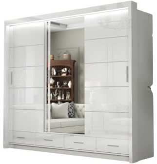 DELUXEWARE Modern 2 & 3 High Gloss Sliding Door Wardrobe with Mirror & Led Light – MDF Bedroom Wardrobe with Drawers, Hanging Rail, & Shelves for Bedroom Furniture (White, 255cm)
