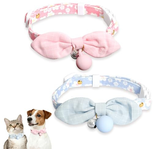 2Pcs Weiches Katzenhalsband Mit Glocke, Halsband Katze Mit Einem Bogen, Einstellbar Katzen HalsbäNder,16-32cm Kitten HalsbäNder Mit Schnellverschluss Geeignet FüR Welpen, Katzen, KäTzchen(Rosa, Blau)