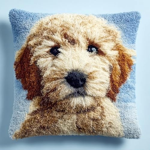 kitphoenix Latch Hook Cushion Kit Cute Golden Doodle Dog Face with Pre-Printed Cushion Cover DIY Pillowcase Crochet Yarn Hooking Craft Set for Hobby and Home Decor 43x43cm-4