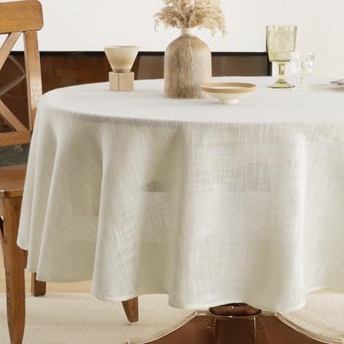 FIBORIA Runde Tischdecke 160 cm Durchmesser Abwaschbar Tischdecken Leinenoptik Tischtuch Wasserabweisende Tischwäsche Beige Klein Table Cloth Für Outdoor,Geburtstag,Gartentisch,Party,Küche,Camping