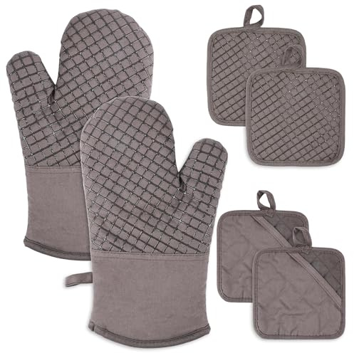 4Pcs Oven Mitts and Pot Holders Set, Heat Resistant Cotton Oven Gloves | Non-Slip Silicone Oven Mitts Surface for Baking, Cooking, Kitchen, BBQ
