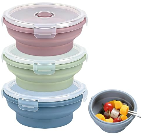 HXSYKJDM Faltbare Lunchbox, 3 Stück, 550 ml Silikon-Frischhaltedosen mit Deckel, wiederverwendbare Bento-Boxen für Arbeit, Schule, Picknick, platzsparend (blau, grün, pink) (rund)