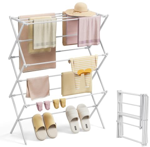 KINGBOARD Clothes Airer Foldable Clothes Drying Rack White | Foldable Clothes Drying Rack with 11 Poles, 3-Tier Clothes Horse extensible, Laundry Drying Rack Indoor Outdoor