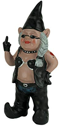 Zeckos Gnofun The Rebellious Lady Biker Gnome - Unique and Funny Decorative 12.5-Inch Tall Indoor/Outdoor Rude Gesture Resin Statue for Gardens, Lawns, and Home Decor