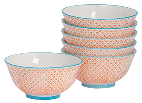 Nicola Spring Patterned Cereal Bowls - Orange - 16cm - Pack of 6 | Hand Printed Japanese Style Stoneware Serving Bowls for Dessert, Pasta, Cereal, Salad, Noodles, Soup