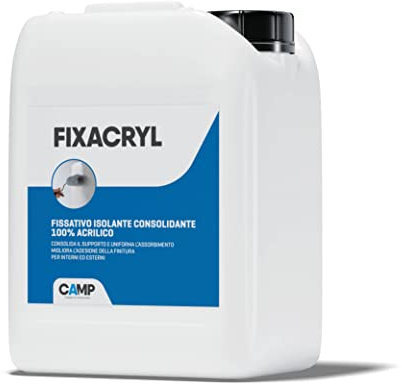 CAMP Fixacryl - Primer Fissativo per Muri Interni ed Esterni Isolante 100% Acrilico, Ideale per Intonaci Cemento Calcestruzzo, Migliora Ancoraggio, Resa e Resistenza dei Trattamenti, Made in Italy, 5l