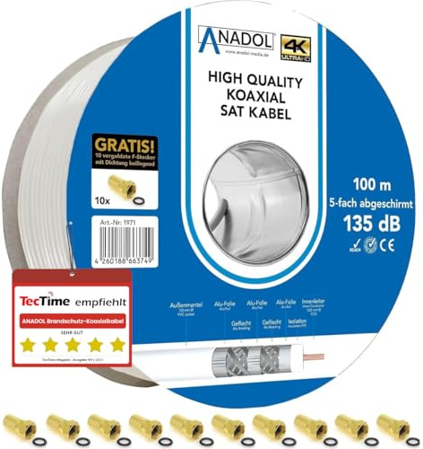 [TEST SEHR GUT *] Anadol 100m Brandschutz Koaxialkabel 135dB, 5fach geschirmt, 7mm, Koaxial Satkabel, Antennenkabel, Fernsehkabel, Coax Sattelittenkabel, TV Sat Koax Kabel, 10 F-Stecker gratis