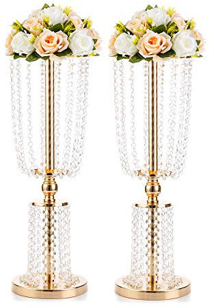 Nuptio 2 Stück Hochzeitsmittelstücke für Tische, 60cm Hohe Goldvasen Als Herzstück, Kristallmetallvasen Blumenständerhalter für Einweihungsgeschenke, Vase für Blumen für Den Weihnachtsempfang