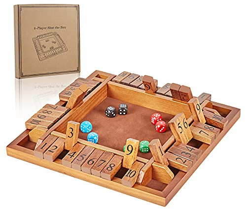 ApudArmis 4-Way Shut The Box, Large Wooden Board Game Set with Dice, 4 Ways Play Shut-The-Box for Teens Learning Addtion Adults Classroom Home Party Pub (12 in)