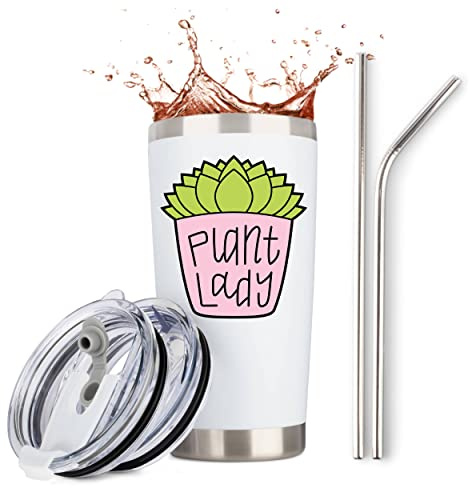 JENVIO Plant Gifts for Women | Plant Lover Stuff | Stainless Steel Tumbler/Mug with 2 Lids 2 Straws Coffee Cup | Cactus Succulent Lover Decor for Crazy Gardening Mom Christmas Gift (20oz White)