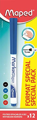 Maped - Box mit 12 Marker'Peps Feinlöschbaren, trocken abwischbaren Stiften – Farbe: Schwarz, 4 x Blau, 2 x Grün, 2 x Rot, 741832LM