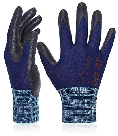 DEX FIT Guantes para Jardinería FN320, Ajuste Cómodo Elástico 3D, Buen Agarre, Recubrimiento de Espuma Duradero de Nitrilo, Táctil, Fino y Ligero, Lavable; Azul Marino 9 (L) 1 Par