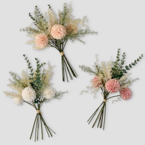 Künstlicher Blumen-Strauß 37 cm rosa als Frühling Sommer Tisch-Deko - Blumen-Gesteck mit künstlichen Dahlien Eukalyptus Deko-Blumen - Kunstblumen wie echt als große Hochzeit Blumen-Deko