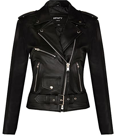 Infinity Leather Chaqueta para Damas de Cuero Negro de Piel de Vaca Genuina Estilo Clásico Brando Motociclista L