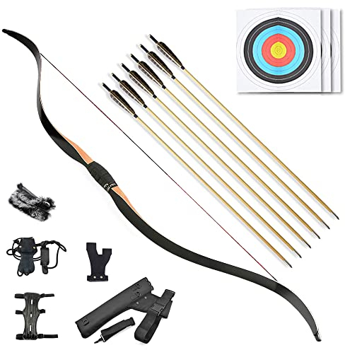 SHARROW Bogenschießen Traditioneller Bogen Recurve Bogen und Pfeile Set Handgefertigter Langbogen Mongolischer Jagdbogen Reiterbogen Erwachsene Sportbogen 15-50lbs (30lbs)