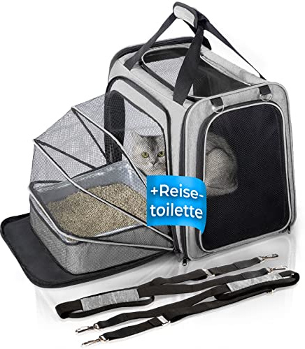 YOU DECIDE MUNICH Cat Transport Box [with Cat Litter] Cat Transport Bag Cat Bag Also Large Cats Cat Basket with Cat Litter Tray Cat Box Car Travel Foldable CAT'S Premium Suite LX Grey