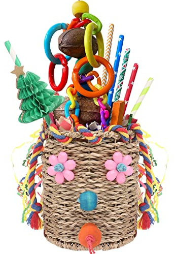 YIXUND Vogelspielzeug, Seegras, Futterkorb, Vogelspielzeug mit bunten Knisterpapier, Holzblöcken, Papier und Bambusfingern, Nüssen, DIY Wabenbaum für kleine, mittelgroße Papageienvögel (nur für