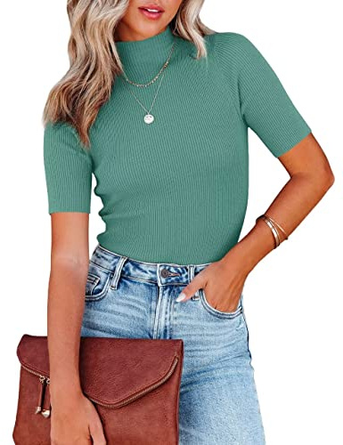 Lacozy Camisa túnica de manga corta con cuello simulado para mujer, suéter de punto acanalado entallado, Azul Verde, M