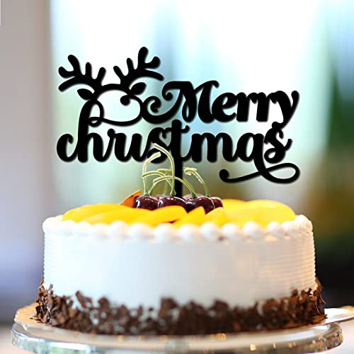 Merry Christmas Cake Topper Happy New Year Eve Cake Toppers Rentier Brief Dessert Essen Obst Acryl Schwarz Geburtstag Party Dekoration Supplies Individuelle Geschenke für Erwachsene Kinder