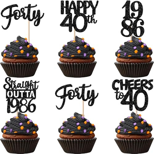 30PCS Black 40th Birthday Cupcake Toppers Glitter Forty Happy 40th Straight Outta 1986 Cupcake Picks for Cheers to 40 Years 40th Birthday Wedding Anniversary Party Decorations Supplies