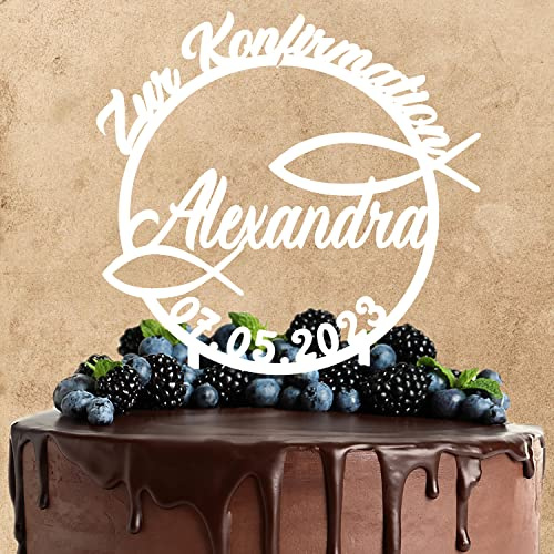 Wunschtext Cake Topper aus Acryl zur Konfirmation | personalisiert mit Namen und Datum | Kuchendeko Tortenstecker | weiß | Kuchendekoration und Tortenschmuck 100% Made in Germany