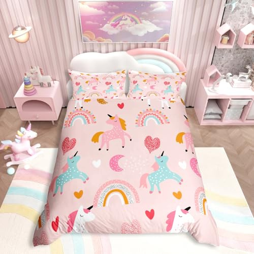 Loussiesd Einhorn Bettwäsche Kids Kinder Mädchen Einhörner Bettbezug 135x200 Für Jugendliche Teenager Rosa Pferd Herz Regenbogen Bettwäsche Tiere Motiv Bunt Mit Reißverschluss, Weich Mikrofaser