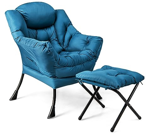COSTWAY Sessel mit Hocker, Relaxsessel mit Armlehnen, Seitentasche & Fußstütze, Loungesessel, Fernsehsessel, Ohrensessel für Wohnzimmer, Schlafzimmer, Büro (Blue)