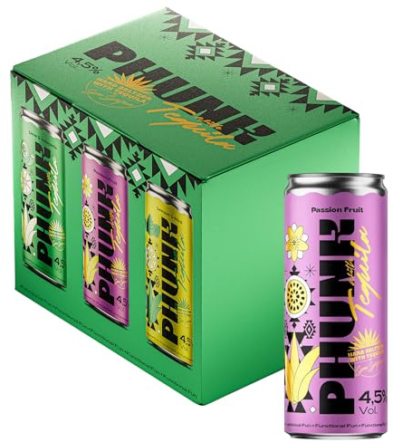 PHUNK - Tequila Maracuyá 12 uds x 250 ml, Sabor Dulce, Tequila con Sabor Fruta, 0% Azúcar y Pocas Calorías, Tequila Ligero, Funcional y Divertido, sin Gluten, 4.5% Vol. Alcohol
