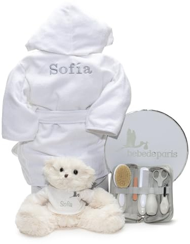 Babykorb mit Bademantel und Teddybär | inkl. Etui für Babypflege und Bad | Handgefertigt in Spanien | BebeDeParis