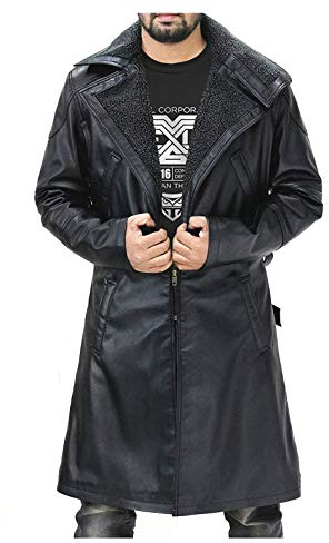 LP-FACON Ryan Gosling Blade Officer K Runner 2049 Giacca - Spolverino in pelle da uomo - Trench in pelle nera con collo di pelliccia, Vera pelle nera., S