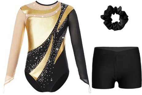 Nyeemya Mädchen Kinder Gymnastikanzug Turnanzug Langarm Glitzernde Gymnastikbody Turnshorts Haarband Tanzkostüm Set Gold 170