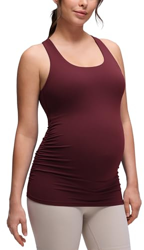 CRZ YOGA Damen Butterluxe Umstandsmode Tops Umstandstop Racerback Tanktops Ärmelloses Umstands T-Shirt Camisole mit Integriertem BH Roter Merlot 40