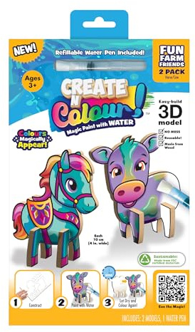 Create 'n' Colour Take Along Fun Farm Friends 2 Pack – Horse & Cow 3D Model Water Painting Kit, Reusable Magic Paint with Water, Mess-Free Craft Set