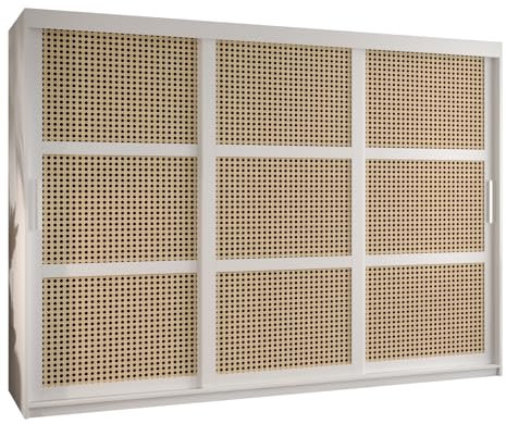 ABIKSMEBLE PLECIONKA WIEDEŃSKA Guardaroba con Tre Ante Scorrevoli, Barre e Ripiani - Armadio portaoggetti per soggiorno - Motivo a treccia - 200x250x62 cm - Bianco, Bianco, Argento