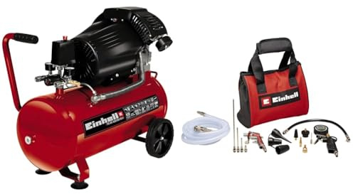 Einhell Kompressor TC-AC 420/50/10 V (2200 W., max. 10 bar, 50 l-Tank, 420 l/min Ansaugleistung, Druckminderer, Manometer, Ölschmierung, inkl. 15-tlg. Druckluftset mit Tasche)