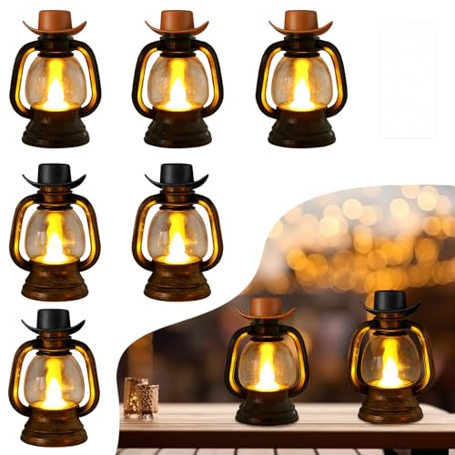 Editbar 6er Set Cowboyhut Sattel Laternen - LED Teelichter & Kerzen für Festliche Dekoration, Schwarz & Bronze Laterne, Braun & Schwarz Cowboyhüte, Mini Laterne für Weihnachten, Geburtstag & Halloween