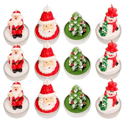 PLLYPE Mini Weihnachtskerzen Teelichter, 12 Stück Weihnachtskerzen Weihnachtsmann Schneemann, Weihnachtsteelichter, Weihnachtsteelichter Kerzen für Haus Hochzeit Party Geschenke