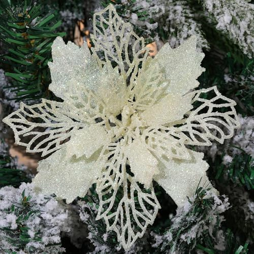 GL-Turelifes Packung mit 12 glitzernden künstlichen Weihnachtsstern-Blumen, Weihnachtskranz, Weihnachtsbaum-Blumen, Ornamente 16 cm Durchmesser mit 12 Stk. grünen weichen Stielen (Beige Weiß)