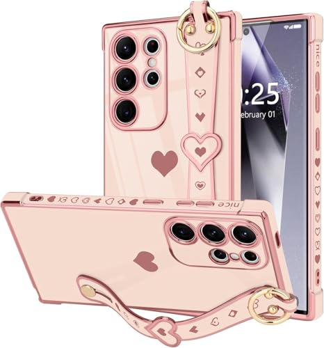 Cute Love Heart Case for Samsung Galaxy S25 Ultra with Little Love Hearts Wristband Ring Holder Stand Glossy Finish Gold Plated Frame for Women Glitter Shockproof Skin for Galaxy S25 Ultra Pink